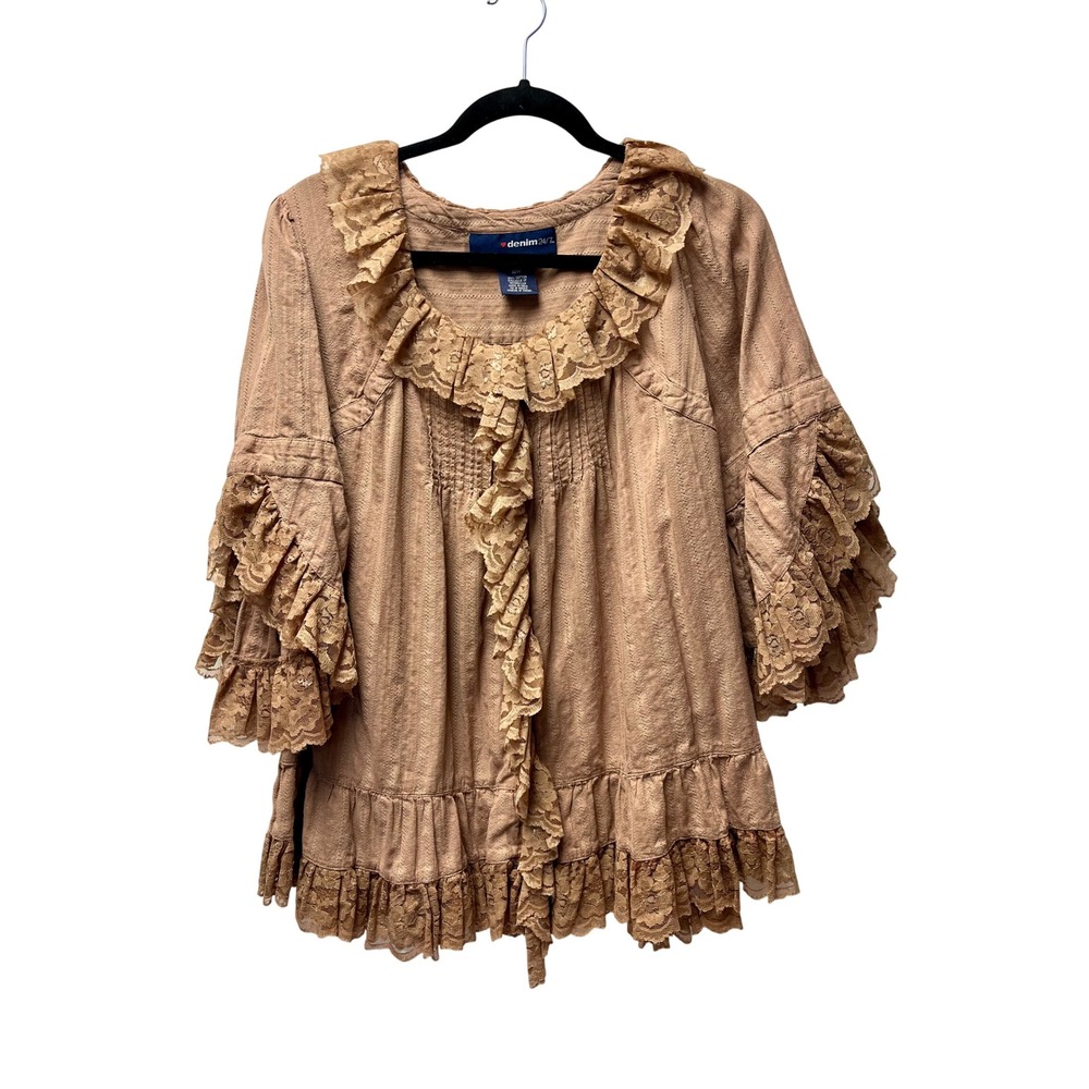 Denim 24/7 Blouse 18W Tan Lace Ruffle Boho Peasant Ren Faire Earthy Victorian